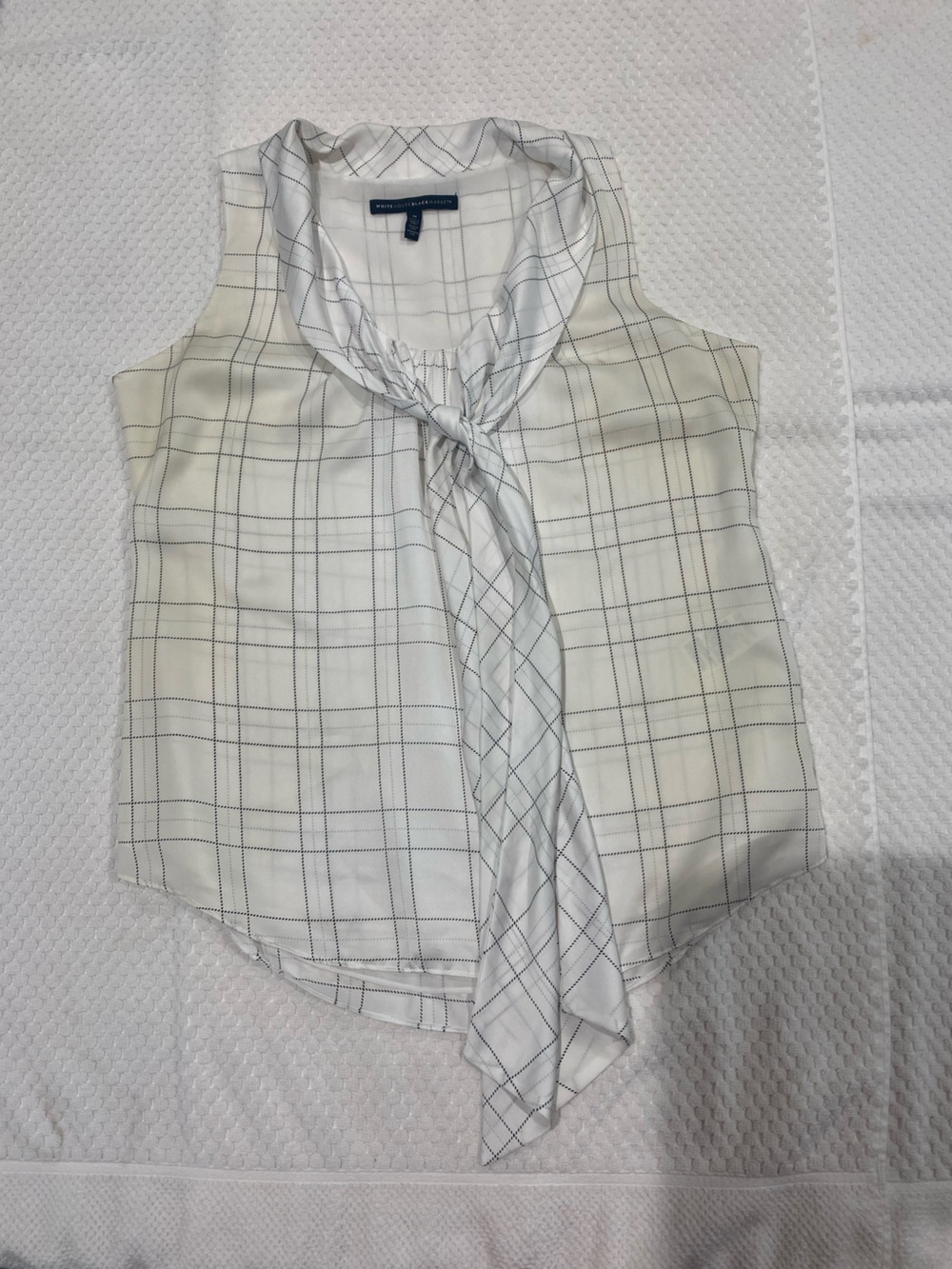 White House Black Market White Blouse with Black Windowpane Plaid